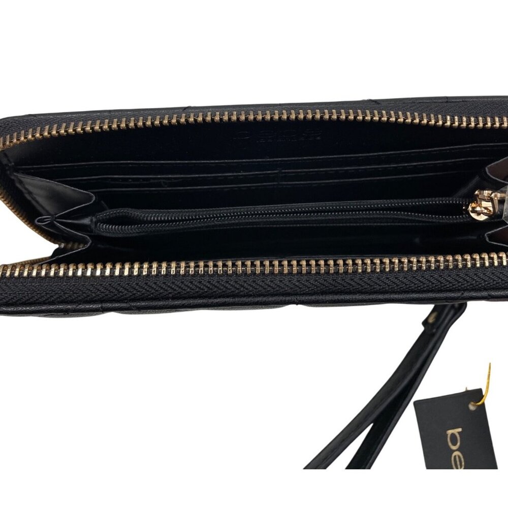 Bebe Black Quilted Wristlet Wallet With Gold Rhinestone Logo Zip Closure & Strap - Picture 7 of 11